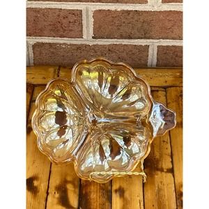 Vintage Jeanette Iridescent Carnival Glass Dish Marigold Shamrock